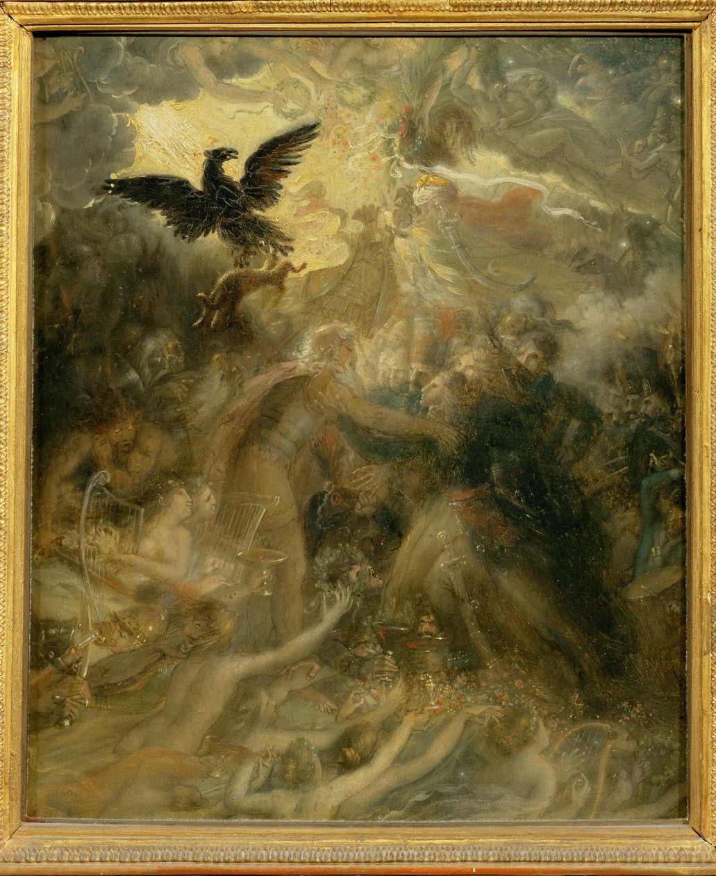 Skyggerne af de franske helte, som Ossian modtog i det luftige Elysee. En satirisk kopi af den store ... af Anne Louis Girodet de Roucy-Trioson
