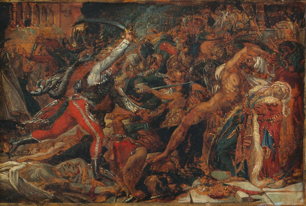 Skitse til "The Revolt at Cairo", ca. 1809 (olie på papir, monteret på papir og lærred) af Anne Louis Girodet de Roucy-Trioson