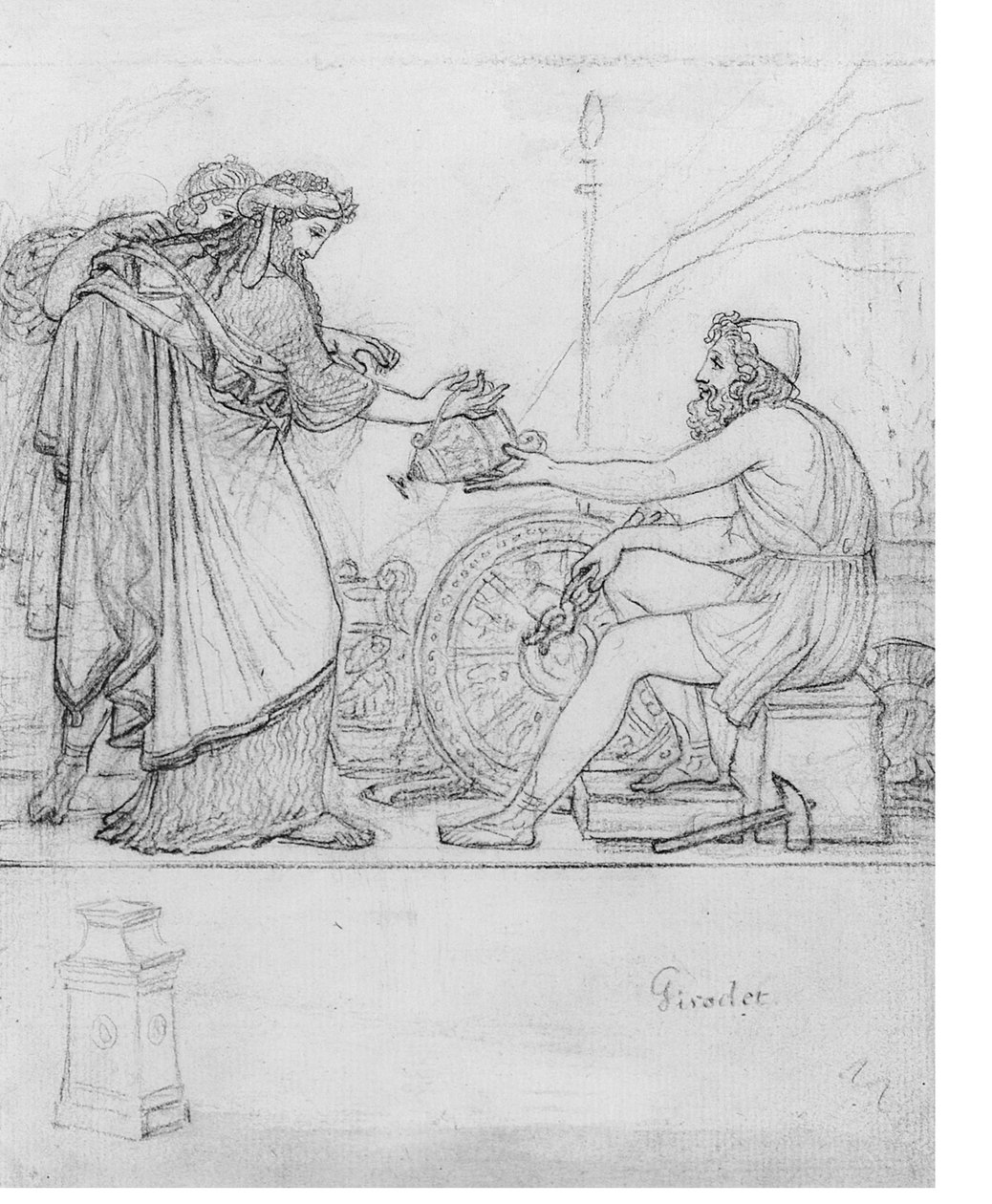 Anacreon modtager en sølvvase fra to stående figurer med et studium af en stele: En illustration til Anacreons Ode XVII med inskriptionen 