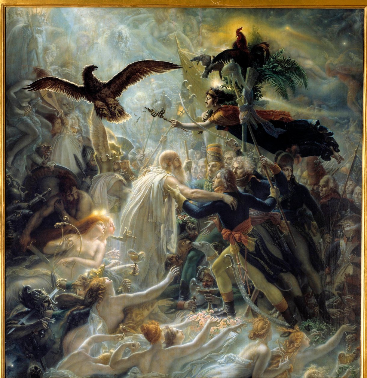 Apotheosis af de franske helte, der døde for hjemlandet under Liberte-krigen, hyldest til Napoleon Bonaparte Allegorie, der repræsenterer barden Ossian, skotske digter fra det 3. århundrede læst af Napoleon, som bød velkommen til Louis Charles Antoine Desa af Anne Louis Girodet de Roucy Trioson