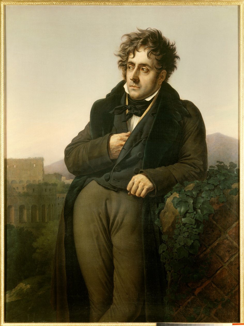 Portræt af Francois Rene, Viscount of Chateaubriand (1768-1848), der mediterer på Roms ruiner foran udsigten over Colisee af Anne Louis Girodet de Roucy Trioson