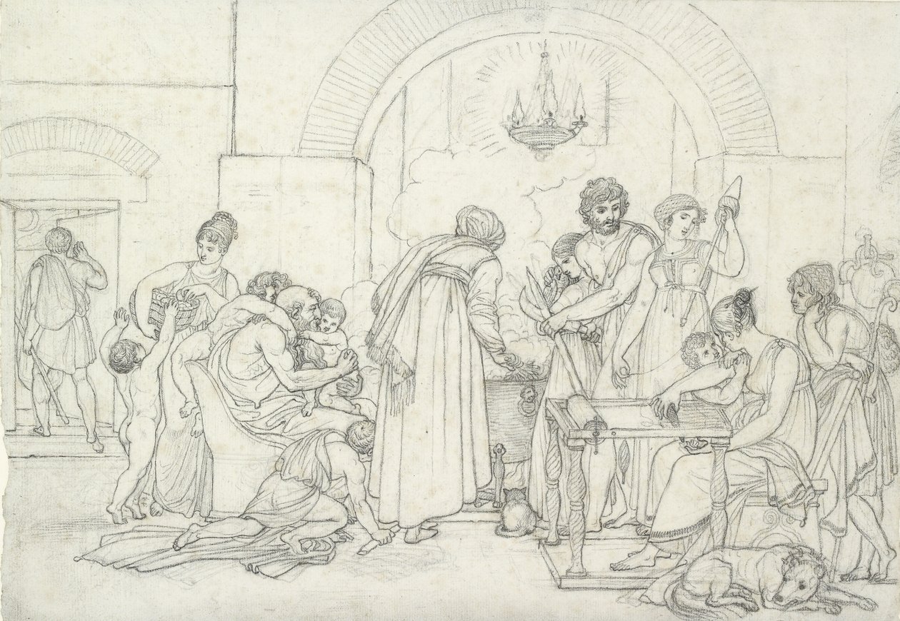Rustikt interiør i antikken (sort kridt på fint tekstureret hvidt papir) af Anne Louis Girodet de Roucy Trioson