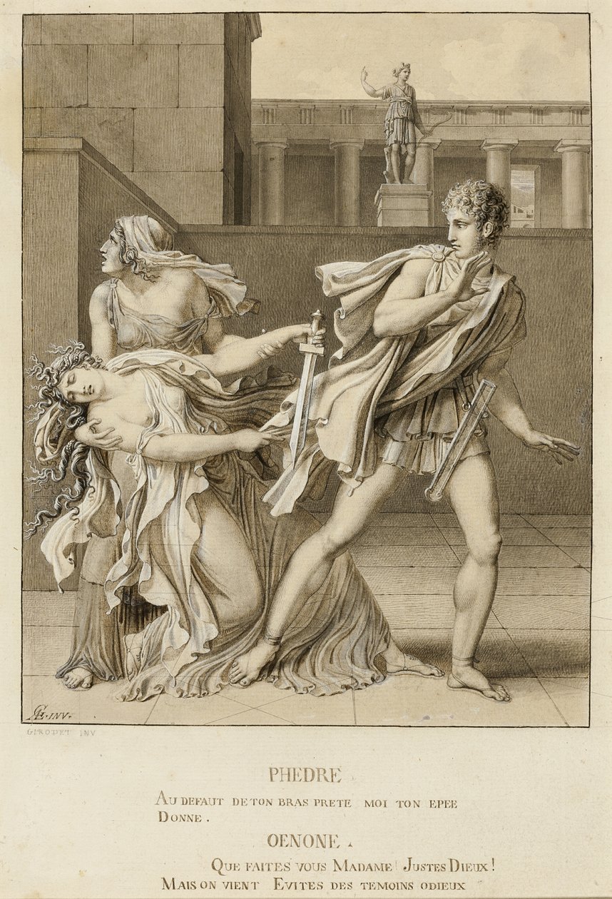 Phaedre, efter at have erklæret sin lidenskab, forsøger at dræbe sig selv med Hippolytus sværd af Anne Louis Girodet de Roussy Trioson