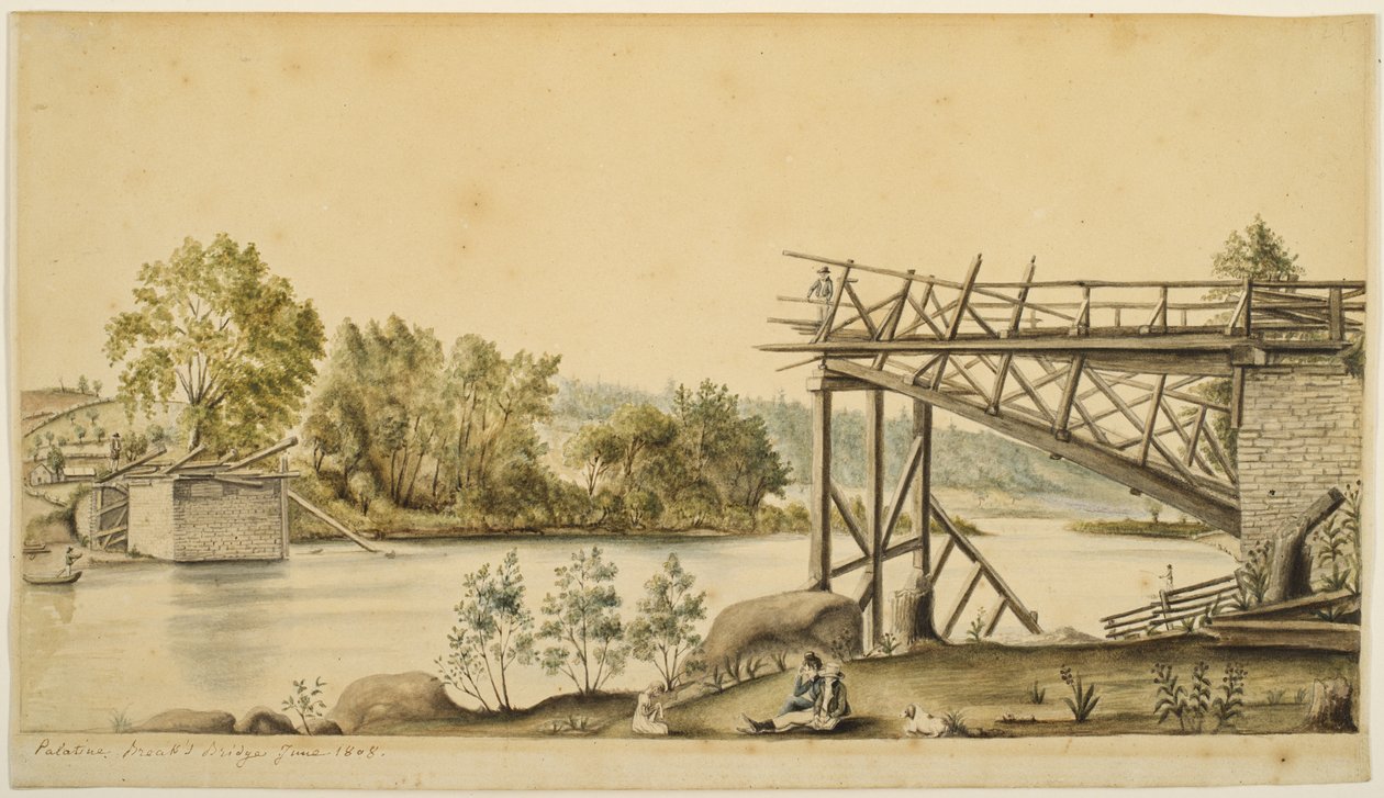 Incomplete Bridge, Palatine, New York, 1808 (akvarel og grafit på papir) af Anne Marguerite Hyde de Neuville
