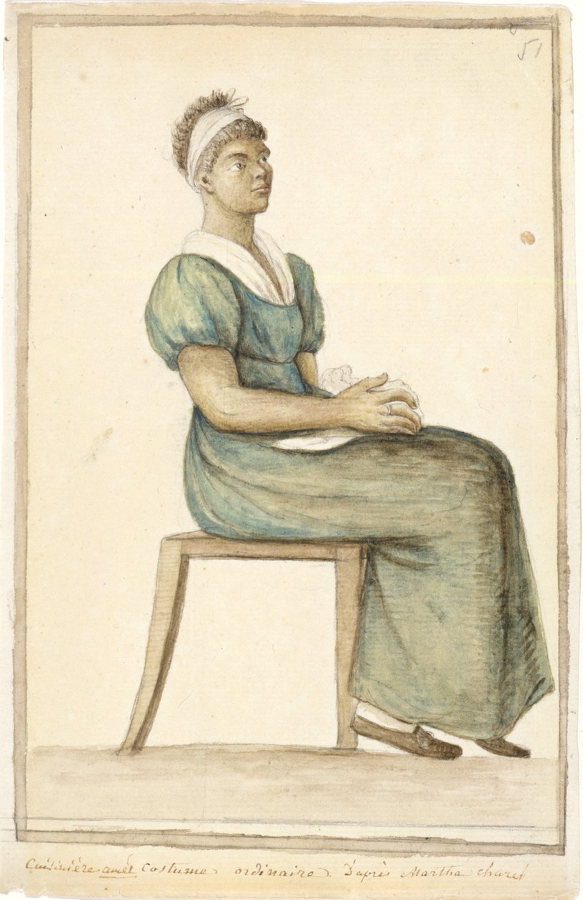 Portræt af en afroamerikansk kok i almindeligt kostume, udateret (akvarel, grafit og brunt blæk på papir) af Anne Marguerite Hyde de Neuville