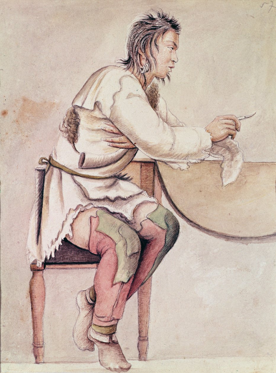 Portræt af en indianer (rød jakke) (akvarel på papir) af Anne Marguerite Hyde de Neuville