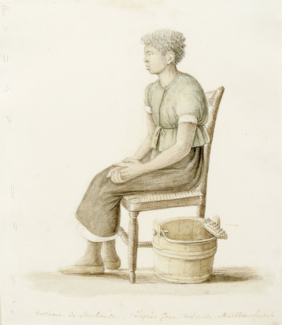 Profilportræt af siddende afroamerikansk skrubbekvinde, udateret (akvarel, kul og grafit med et strejf af hvid gouache på papir med systing langs venstre margin) af Anne Marguerite Hyde de Neuville