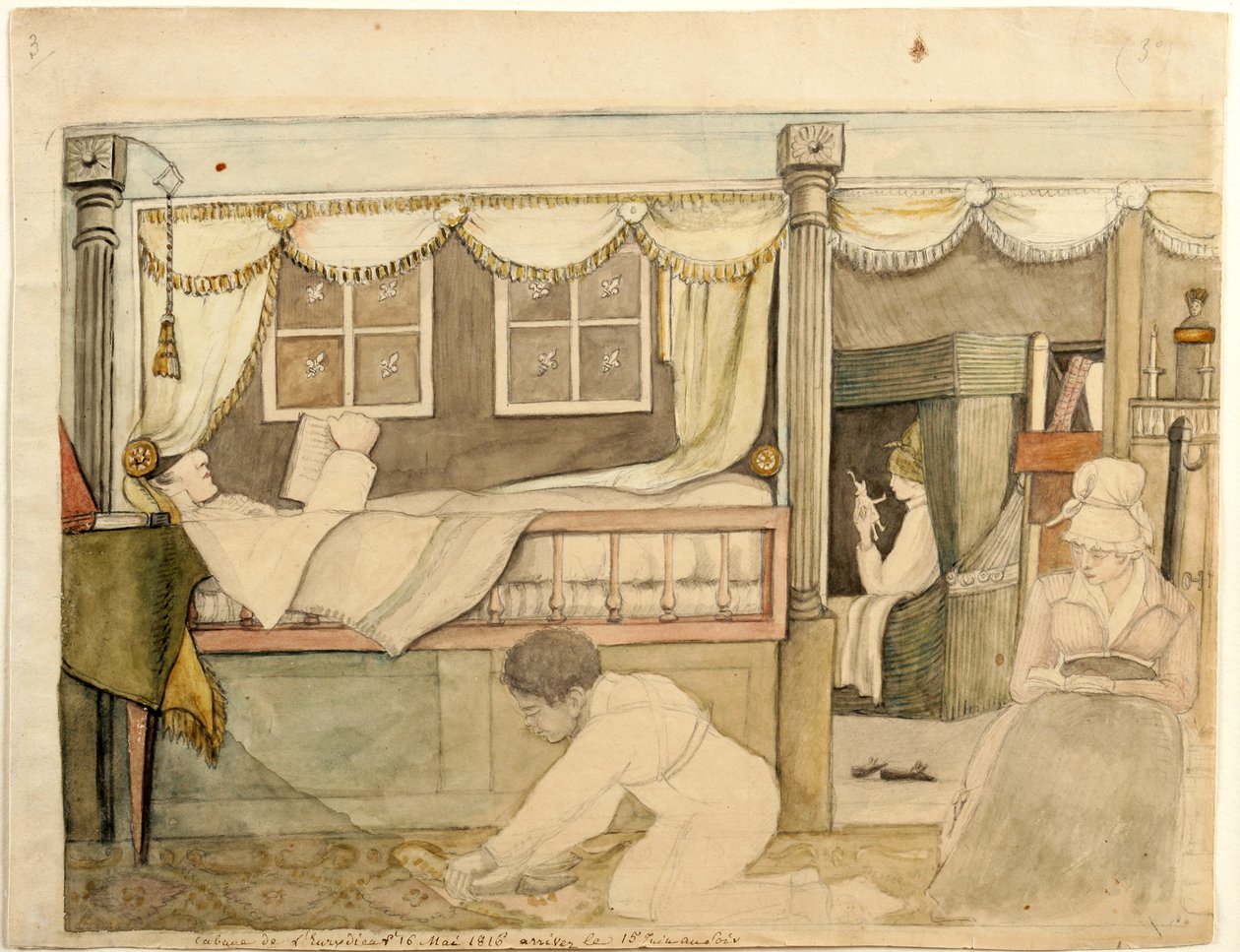 Hyde De Neuville-hytten på Eurydice, 1816 (akvarel, grafit og sort og brun blæk på papir, monteret på kort) af Anne Marguerite Hyde de Neuville
