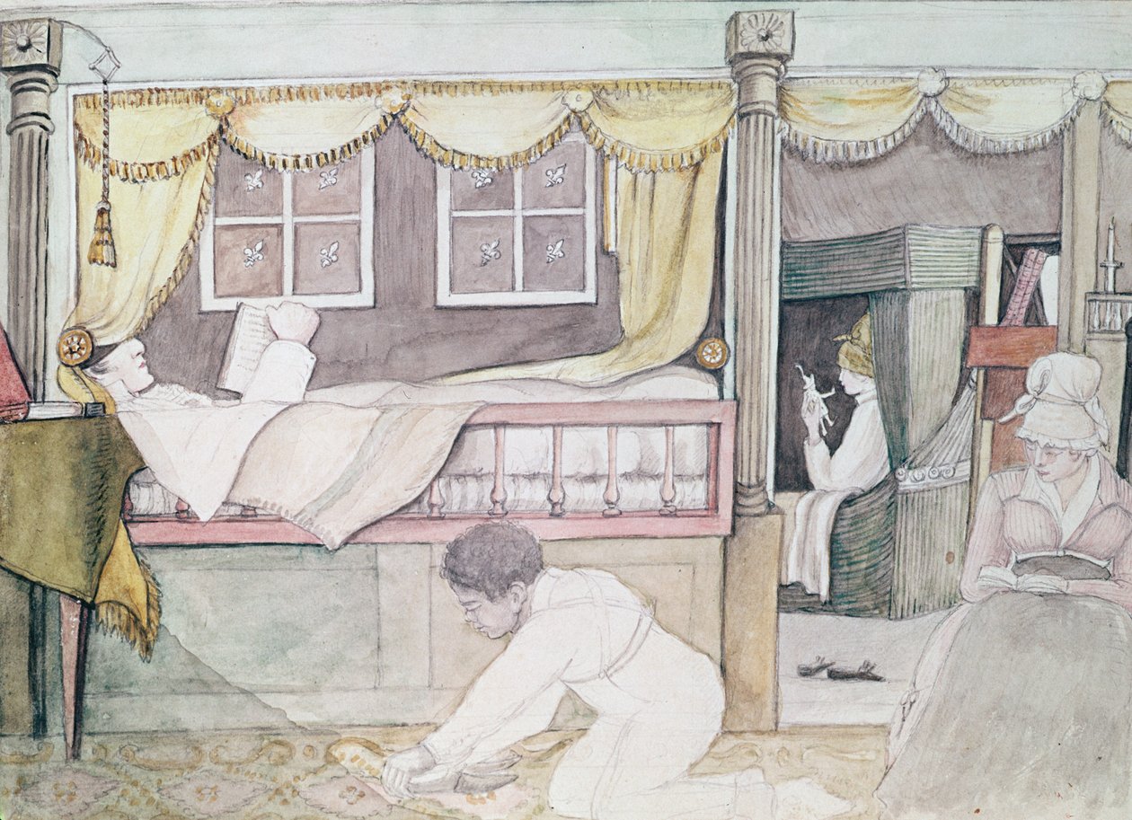 De Neuville-hytten på Eurydice, 1816 (blyant og wc på papir) af Anne Marguerite Hyde de Neuville