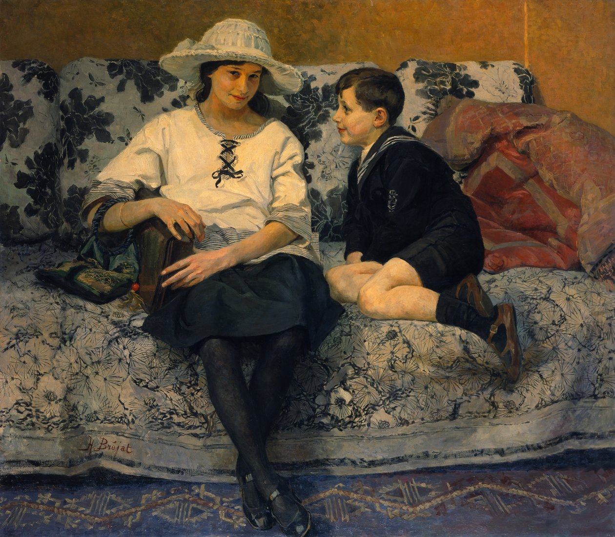 En ung pige og en ung dreng på en sofa (olie på lærred) af Anne Marie Henriette Brejat