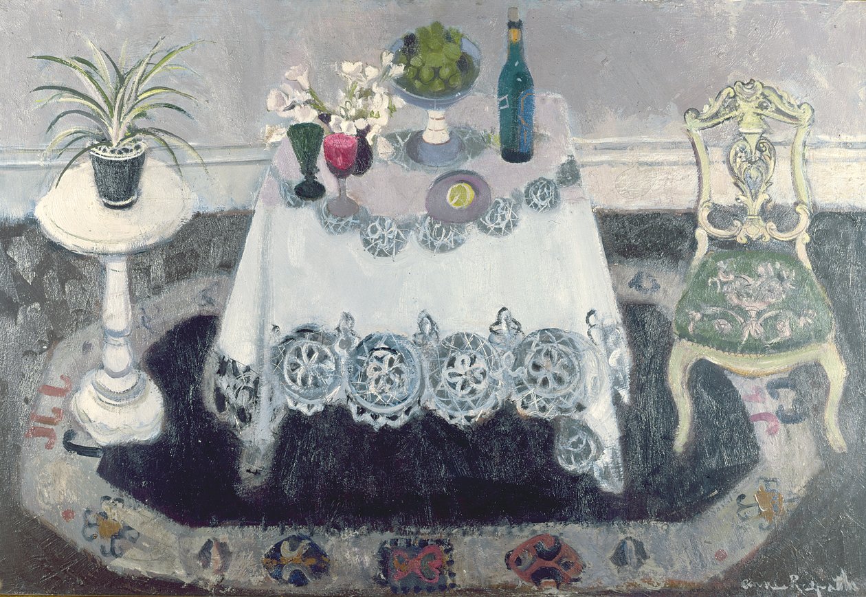 Grå og hvid interiør (olie på lærred) af Anne Redpath