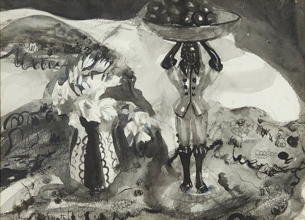 Stilleben med figur (sort og hvid akvarel) af Anne Redpath