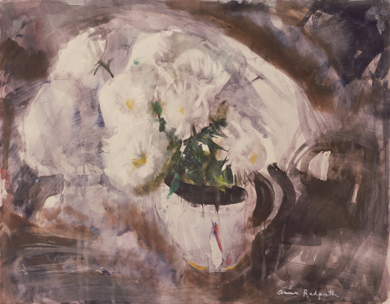 Hvide blomster i en hvid kande, ca. 1960 (akvarel på papir) af Anne Redpath