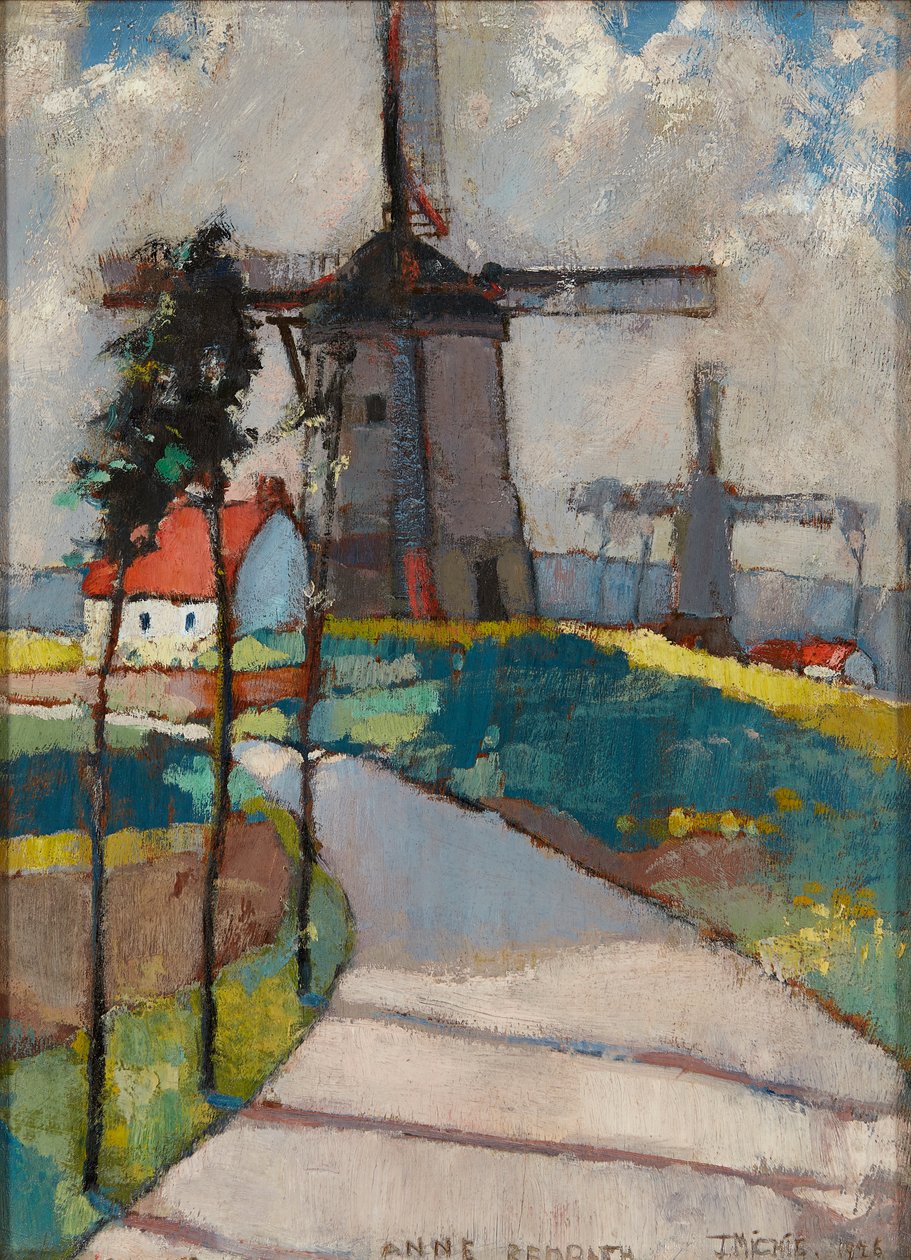 Vindmøller ved Pas De Calais (olie om bord) af Anne Redpath