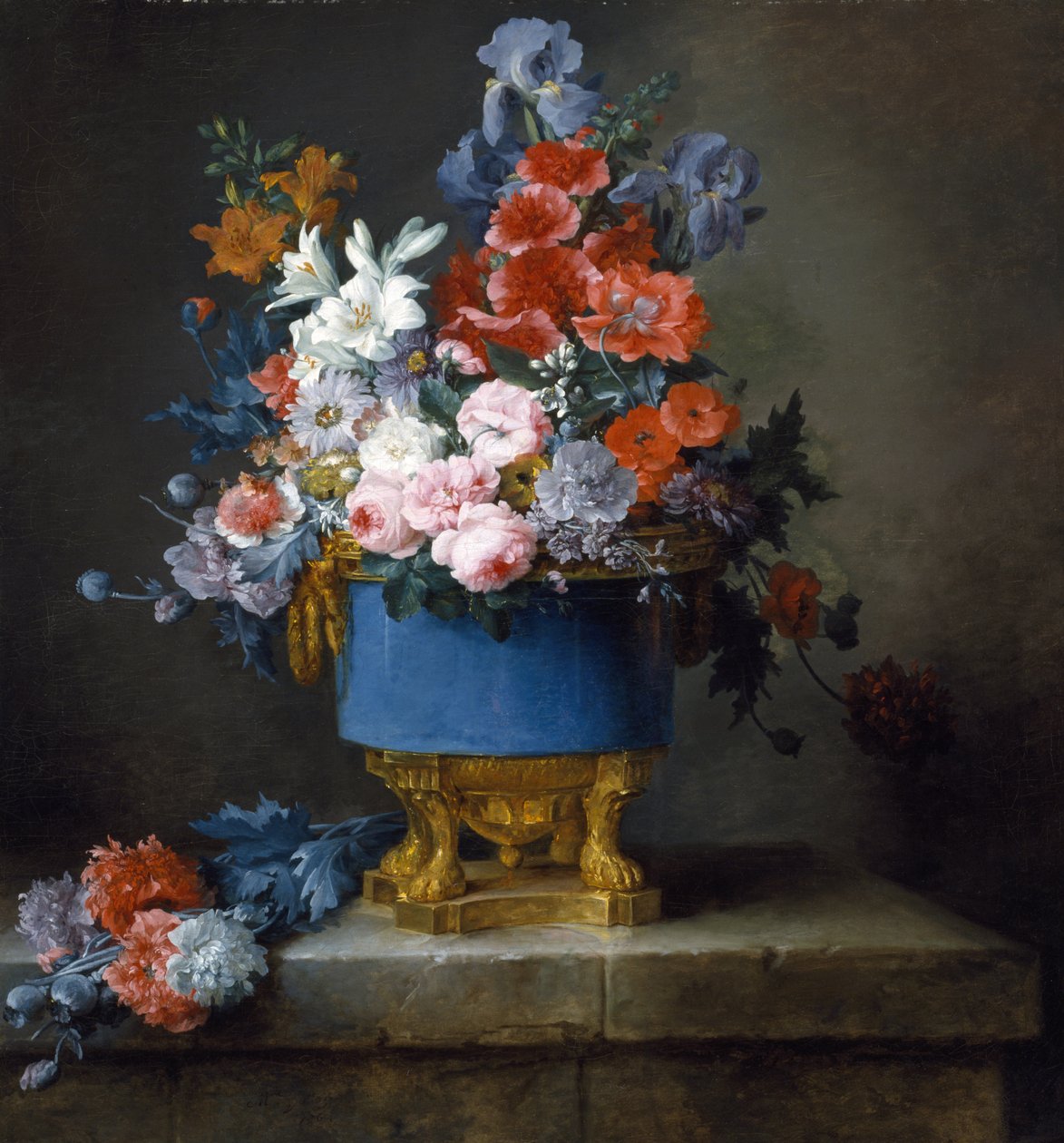 Buket blomster i en blå porcelænsvase af Anne Vallayer Coster