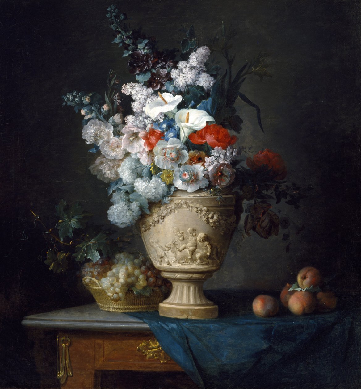 Buket blomster i en terracotta vase med ferskner og druer af Anne Vallayer Coster