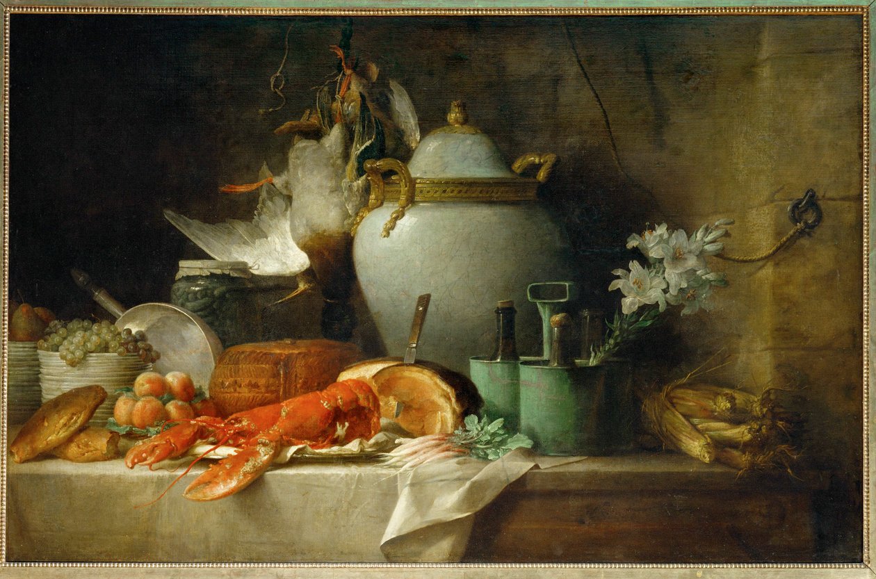 Vase, homard, fruits et gibier - Stilleben med vase, hummer, frugt og vildt ... af Anne Vallayer-Coster