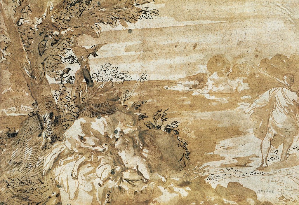  Landskab med ulvinde, der sutter Romulus og Remus af Annibale Carracci