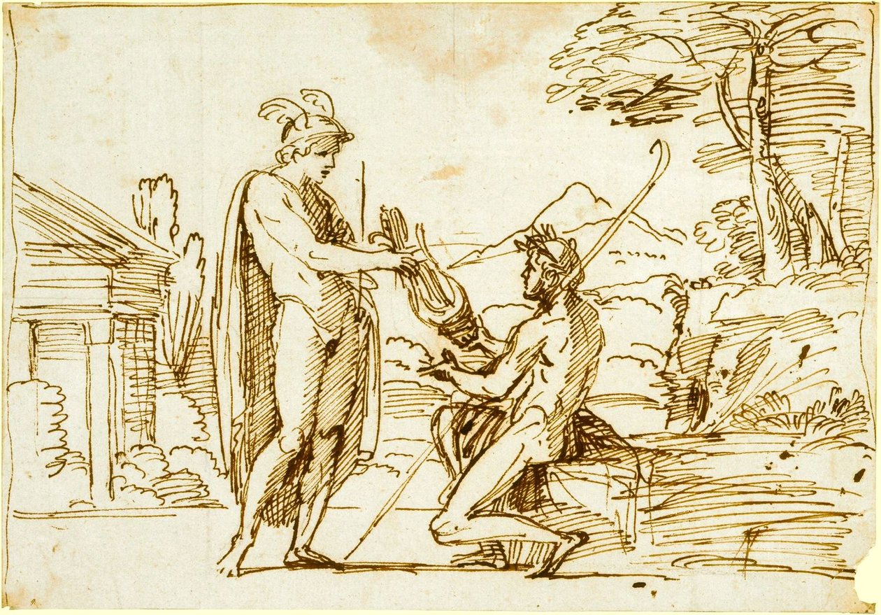 Apollo modtog lyre fra Mercury -undersøgelse til Farnese Gallery af Annibale Carracci