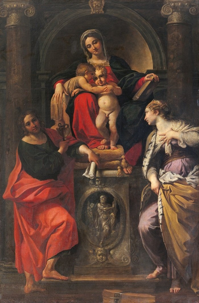 Madonna og barn med de hellige Johannes Døberen, Johannes Evangelisten og St. Catherine af Annibale Carracci