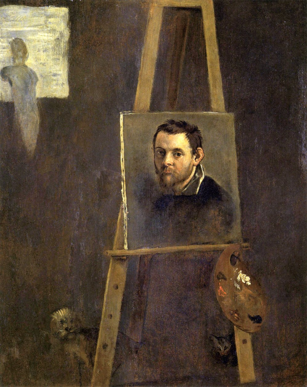 Selvportræt på en staffeli i et værksted af Annibale Carracci