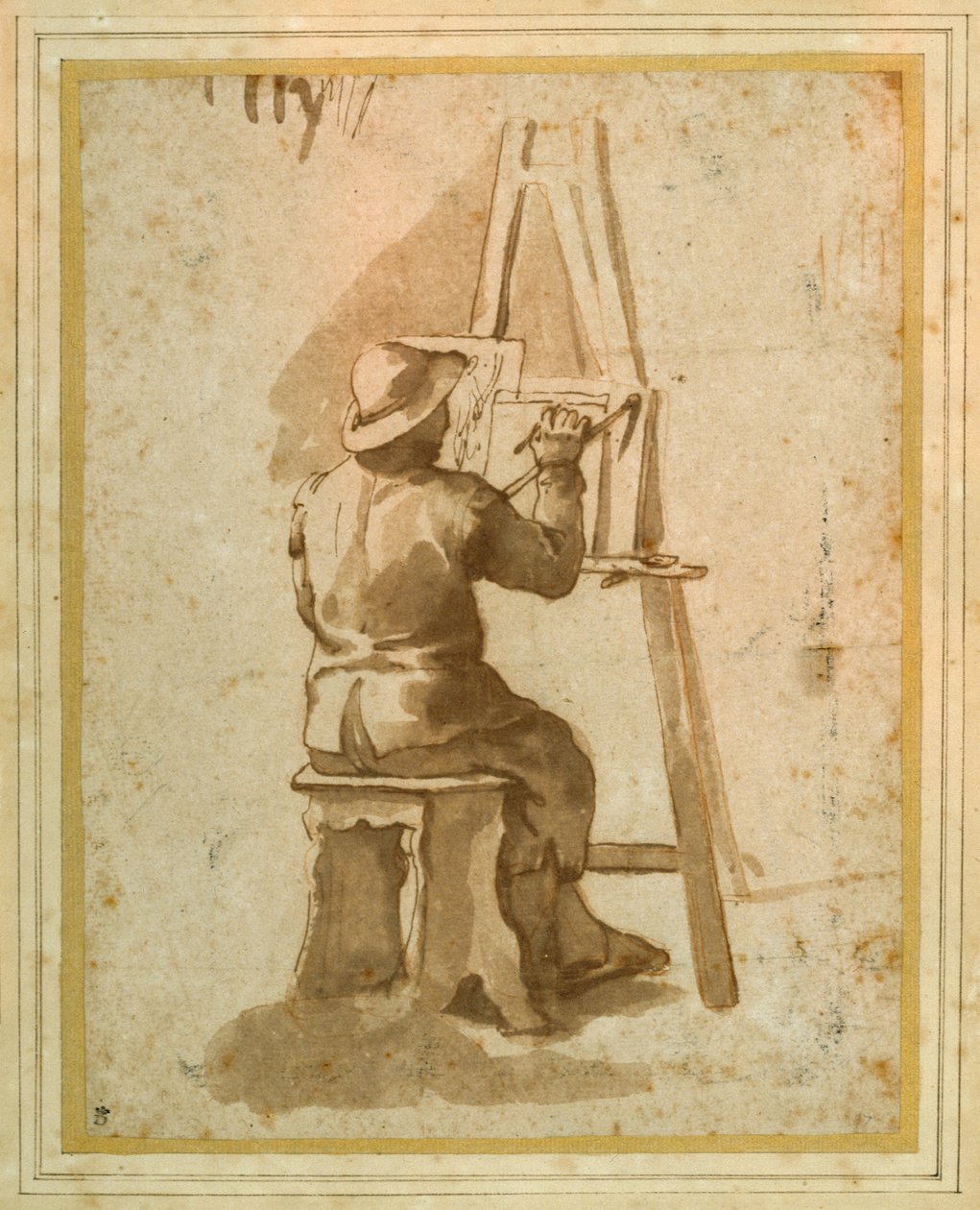 En ung maler sad ved sit staffeli (pen og blæk med kridt på papir) af Annibale (follower of) Carracci