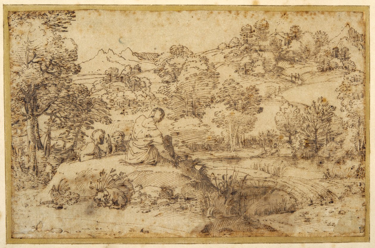 Landskab, i forgrunden hviler tre mænd og en hund, der sover, ved et vandløb (pen og brunt blæk på papir) af Annibale (follower of) Carracci