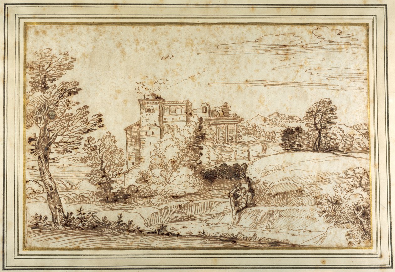 Landskab med et slot og ruinerne af en klassisk søjlegang (pen og brun blæk på papir) af Annibale (follower of) Carracci