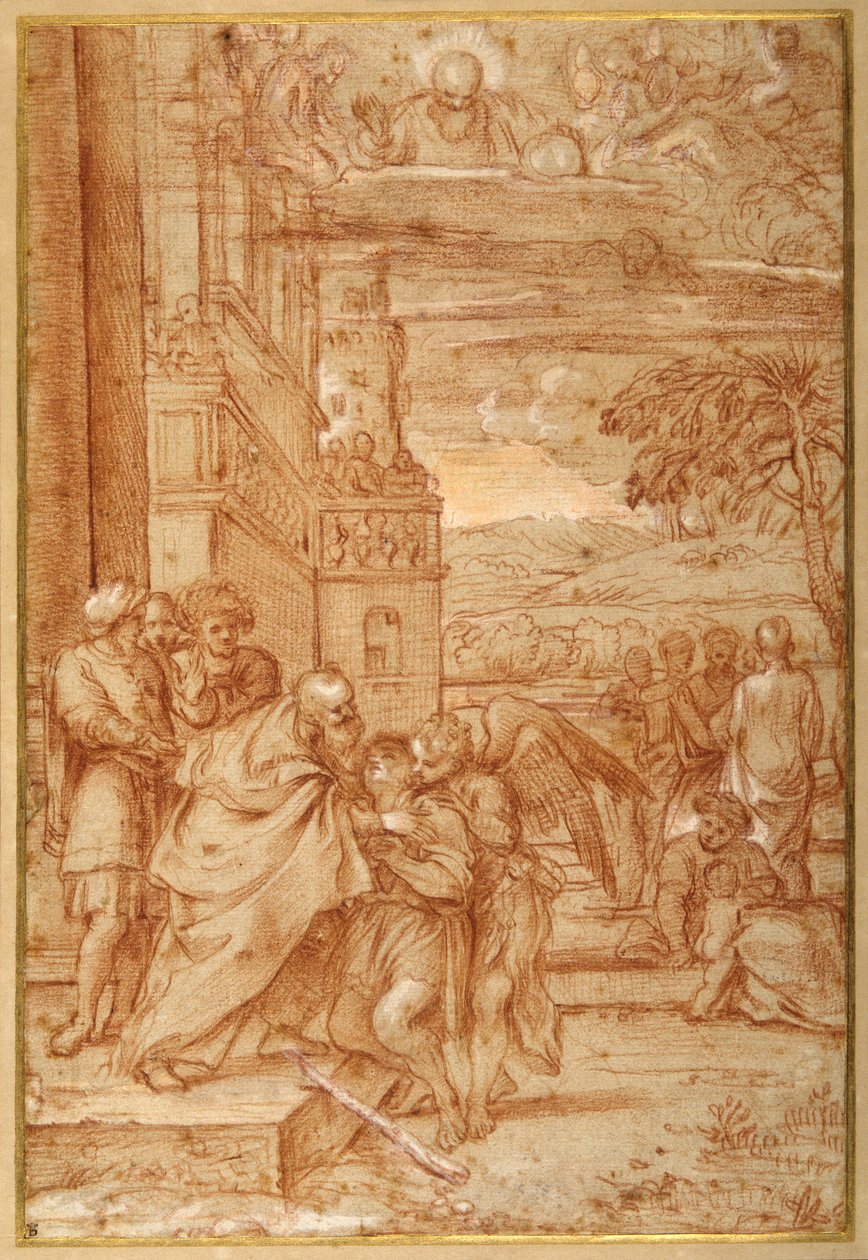 Den fortabte søns tilbagevenden efter Annibale Carracci (rødt kridt og forhøjning på papir) af Annibale (follower of) Carracci