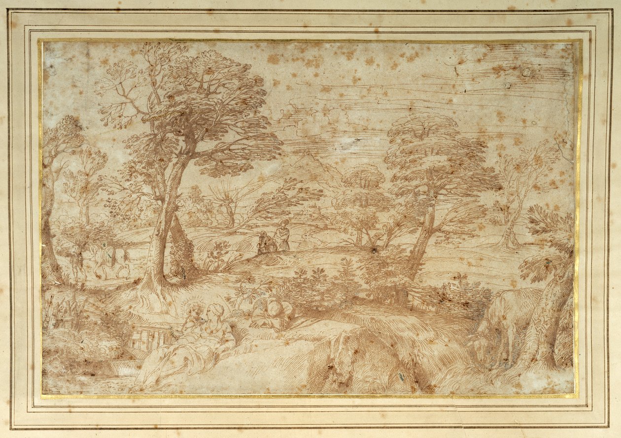 Landskab med resten på flugten fra Egypten, efter Annibale Carracci (pen og brunt blæk på papir) af Annibale (studio of) Carracci