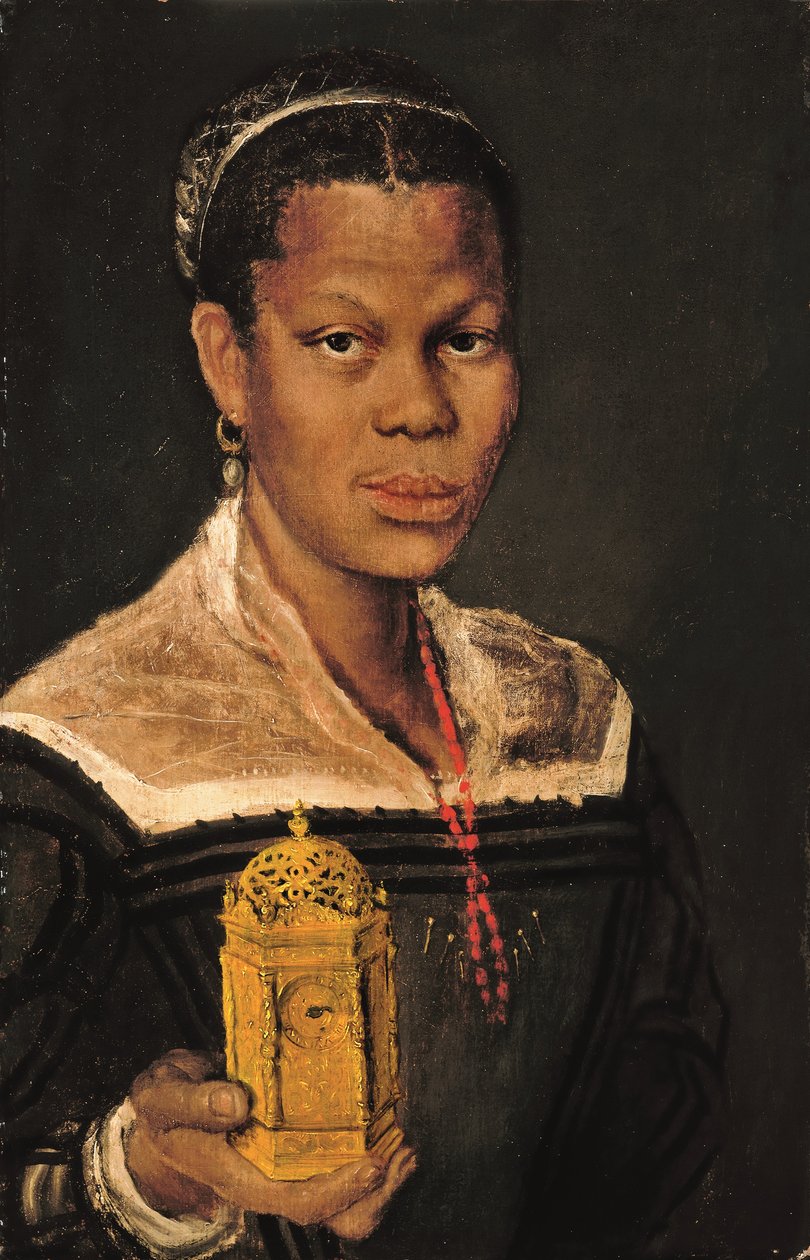 Portræt af en sort dame i brysthøjde, iført en koralhalskæde og med et bordur i forgyldt messing i højre hånd (olie på lærred) af Annibale (studio of) Carracci
