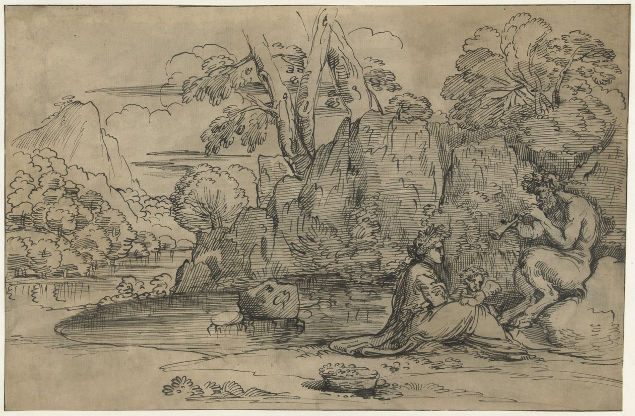 Landskab med en fløjte saat, kone og putto af Annibale Carracci (attributed to)