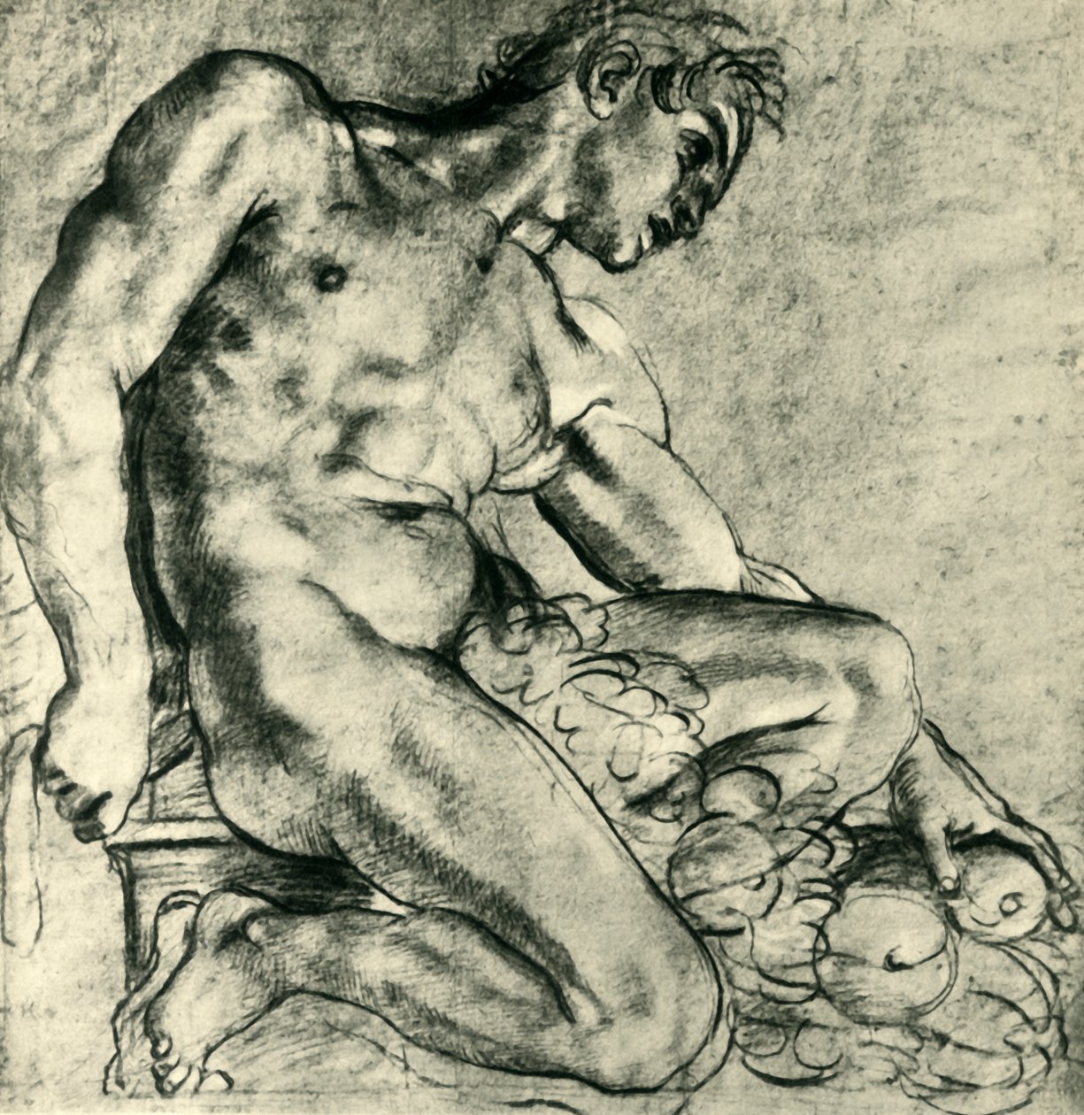 En siddende Ignudo med en krans, 1598-1599, 1943. af Annibale Carracci