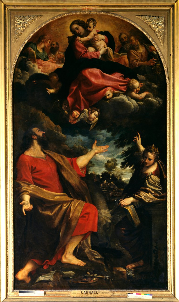 Jomfruens åbenbaring til St. Luke og St. Catherine af Alexandria Maleri af Annibale Carracci eller Annibal Carrache (1560-1609). 1592. Søn. 2,26x4,01 m Paris, musee du Louvre. af Annibale Carracci