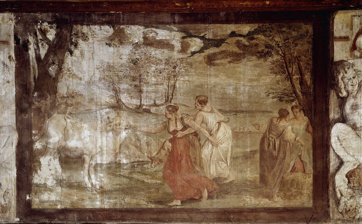 Europa, der tegner sig nær Jupiter, blev til en tyr (Fresco af Annibale Carracci