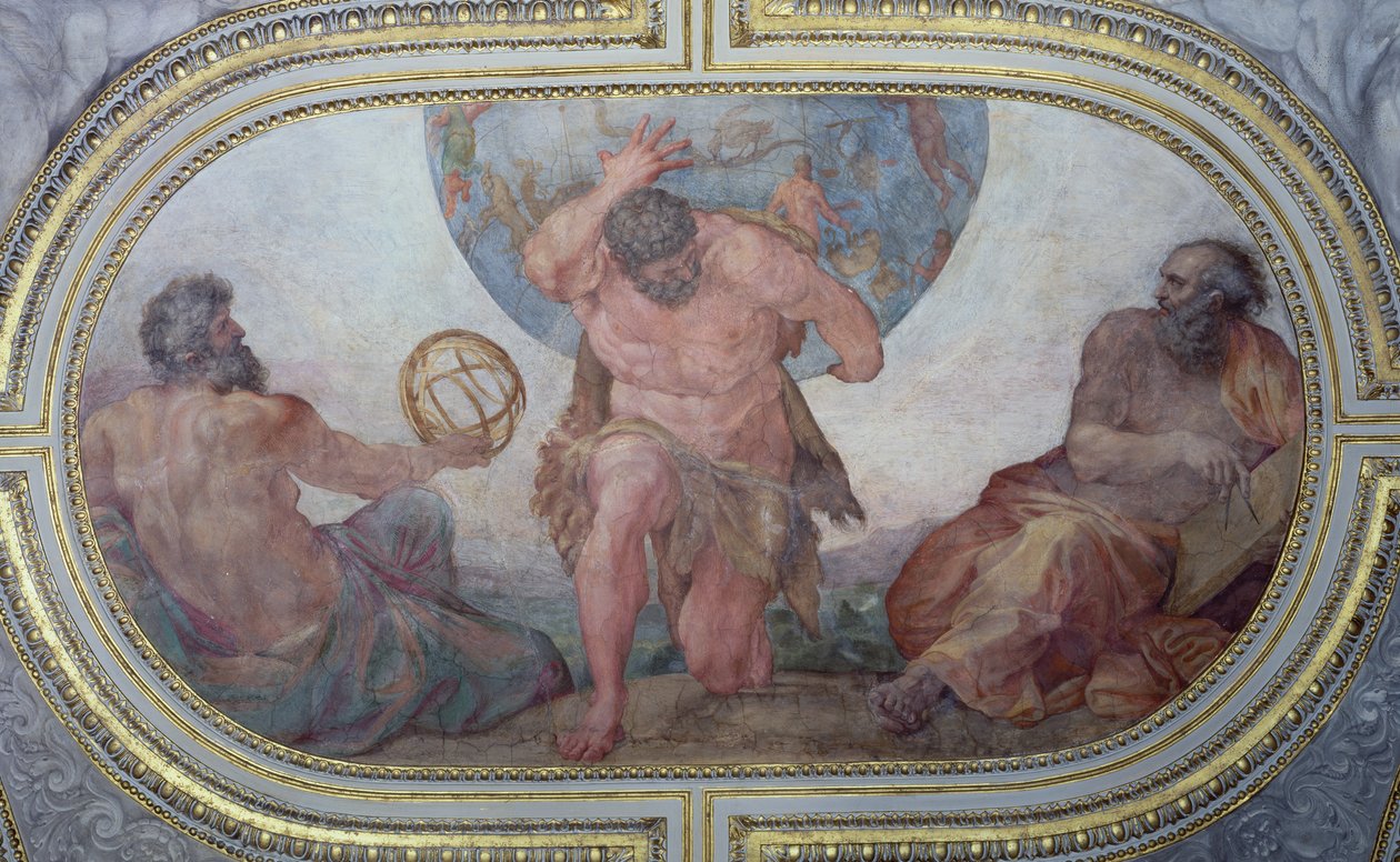 Hercules støtter verden flankeret af Euklid og Ptolemæus, fra 