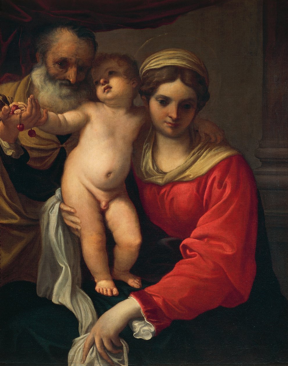 Holy Family or Madonna of the Cherries, ca 1593, af Annibale Carracci (1560-1609), olie på lærred af Annibale Carracci