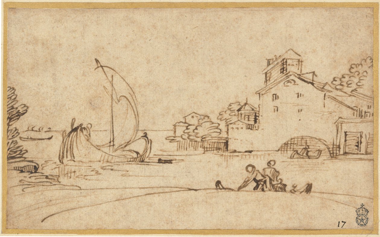 Landskab med figurer ved en flodmunding med sejlbåde af Annibale Carracci