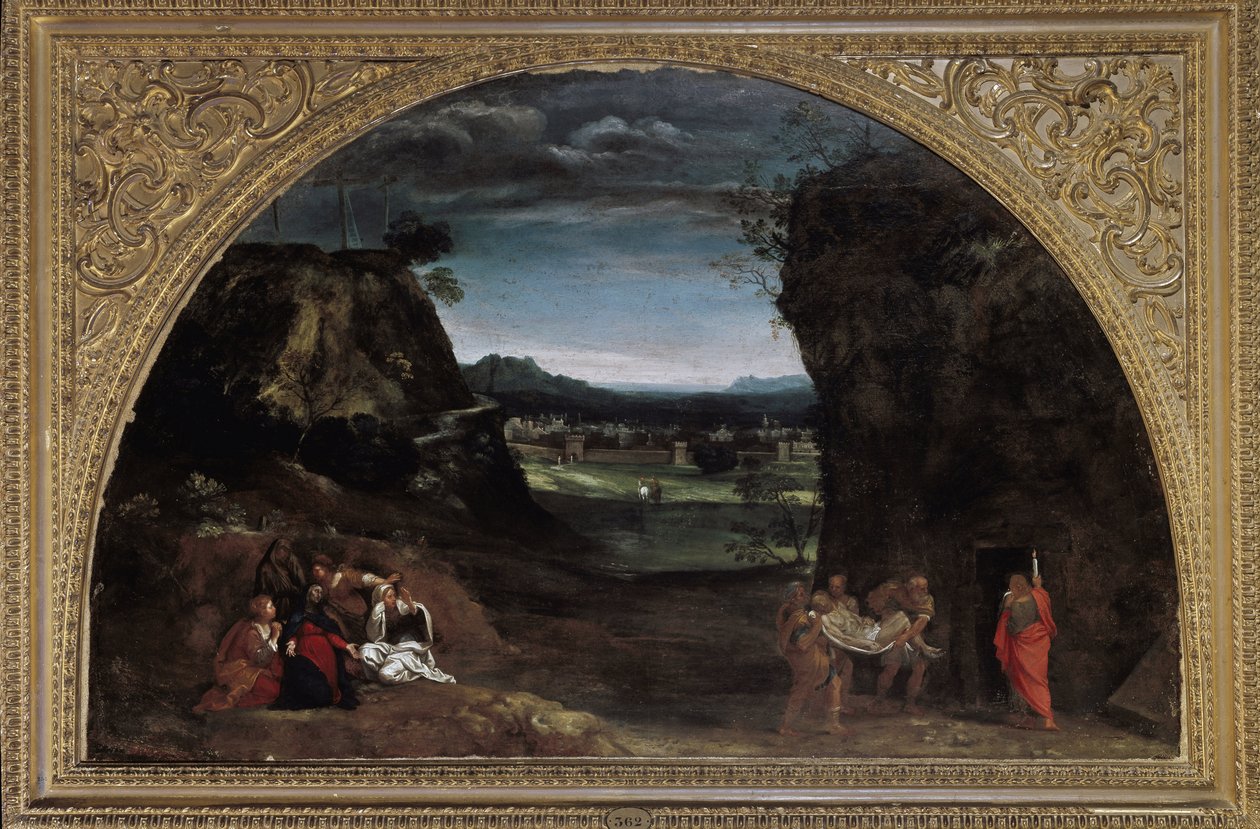 Landskab med aflejring (olie på lærred, ca. 1604) af Annibale Carracci