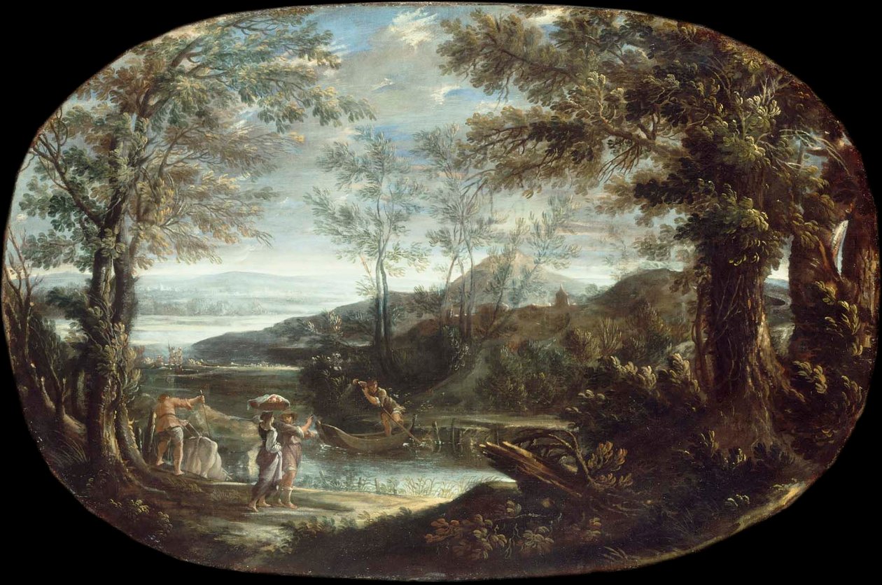 Landskab med flodscene af Annibale Carracci