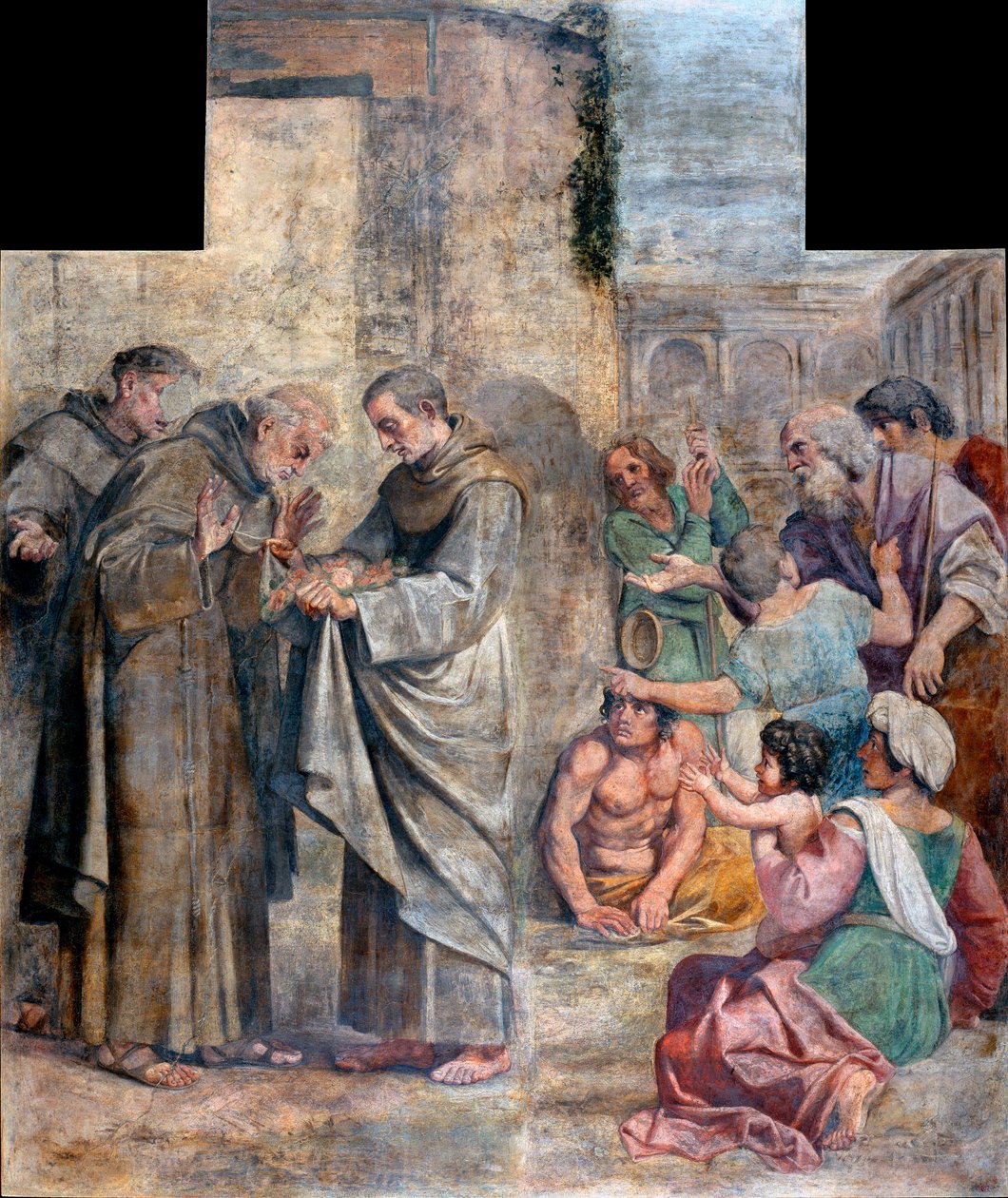 Rosernes mirakel - anklaget for tyveri af mad, den spanske franciskanermunk Sankt Diego af Alcala (1400-1463) finder ud af, at de madvarer, der er gemt i hans vane med at give dem til de fattige, er blevet til roser - Maleri af Annibale Carracci (An af Annibale Carracci
