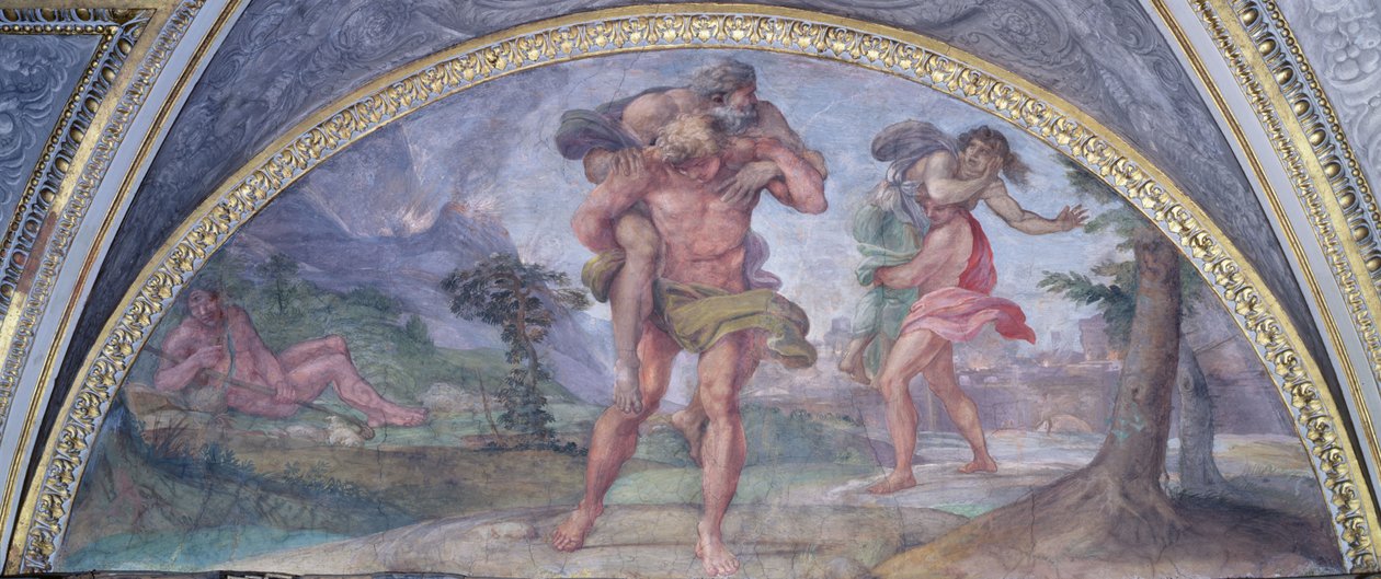 Lunette skildrer Aeneas, der flygter fra det brændende Troja, der bærer sin far Anchises efterfulgt af Ascanius, der bærer sin mor, fra Camerino, 1596 af Annibale Carracci