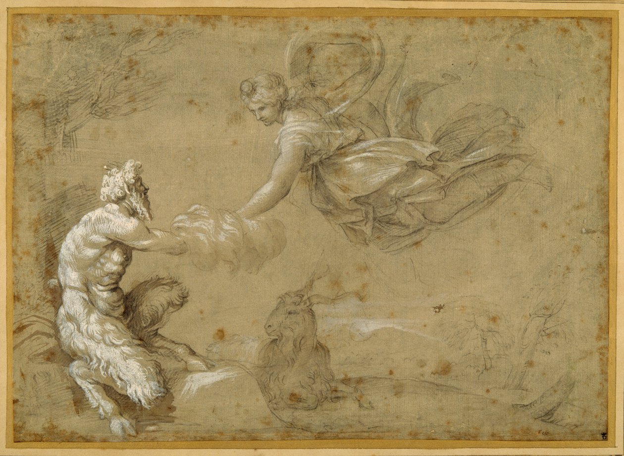 Pan, der præsenterer ulden for Diana (pen og brunt blæk med brun vask) af Annibale Carracci