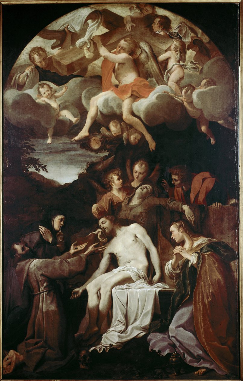 Pieta med St Claire, St Francis, St Mary Magdalene og St John (olie på lærred af Annibale Carracci