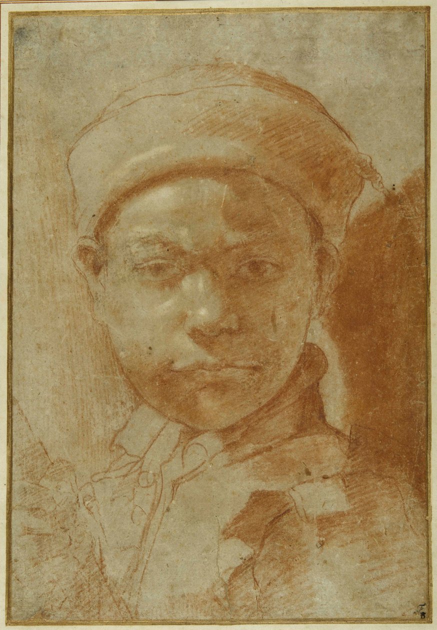Portræt af en ung, brystlængde, iført en rund kasket (rødt kridt på gråt papir) af Annibale Carracci
