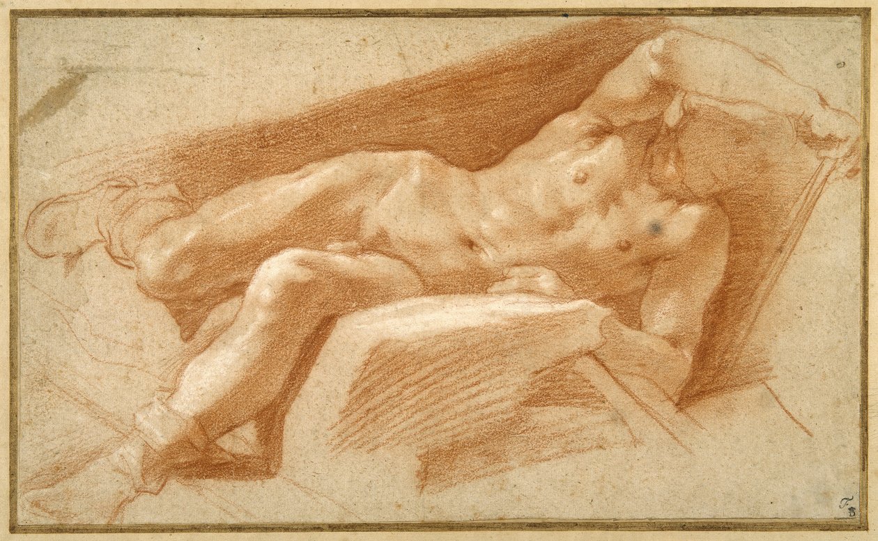 Liggende ung poserede nøgen, bortset fra hans slange trukket ned til anklerne (rødt kridt på papir) af Annibale Carracci