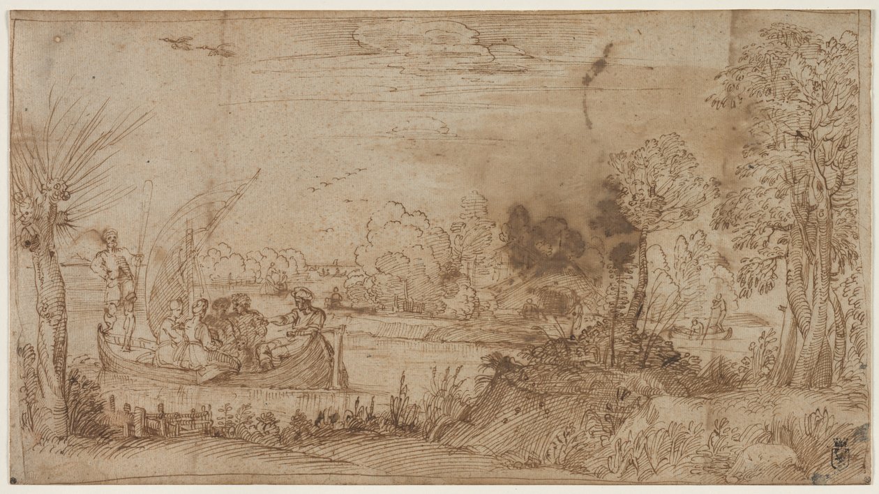Flodlandskab med både af Annibale Carracci