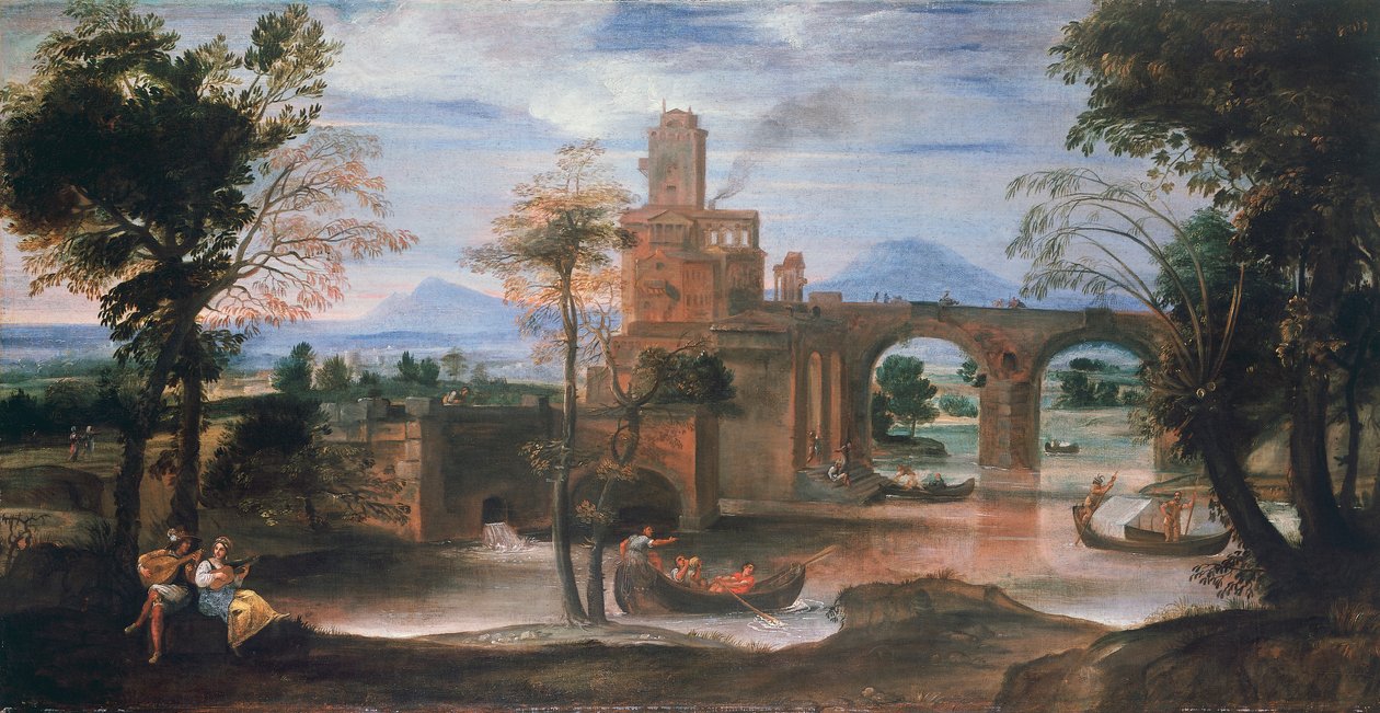Flodlandskab med slot og bro, ca. 1598 (olie på lærred) af Annibale Carracci