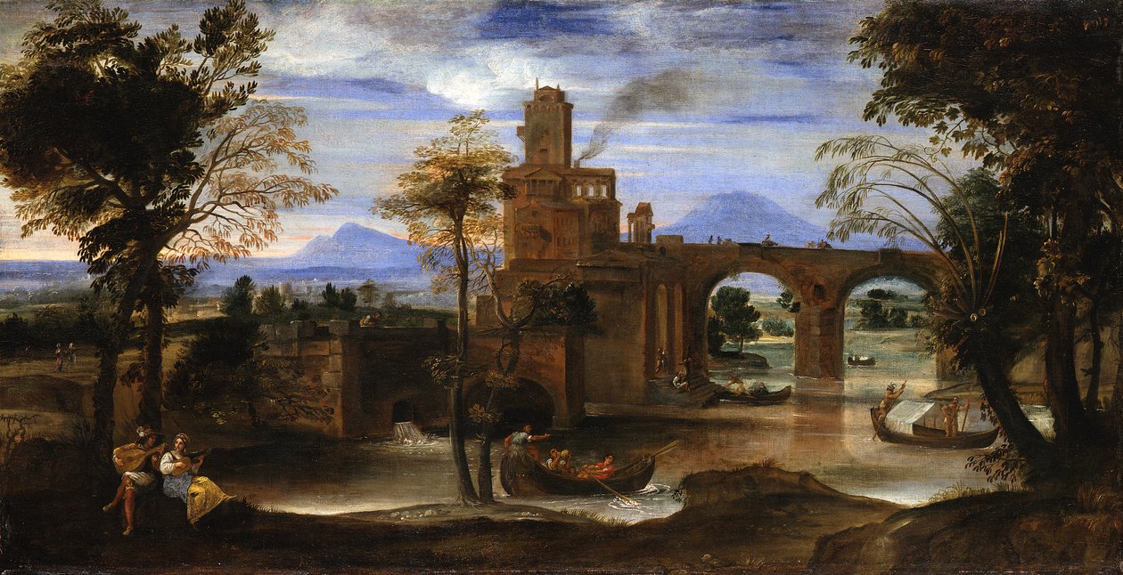 Romersk flodlandskab med borg og bro af Annibale Carracci