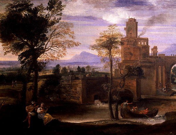 Romersk landskab med en bro (olie på lærred) (detalje fra 186429) af Annibale Carracci